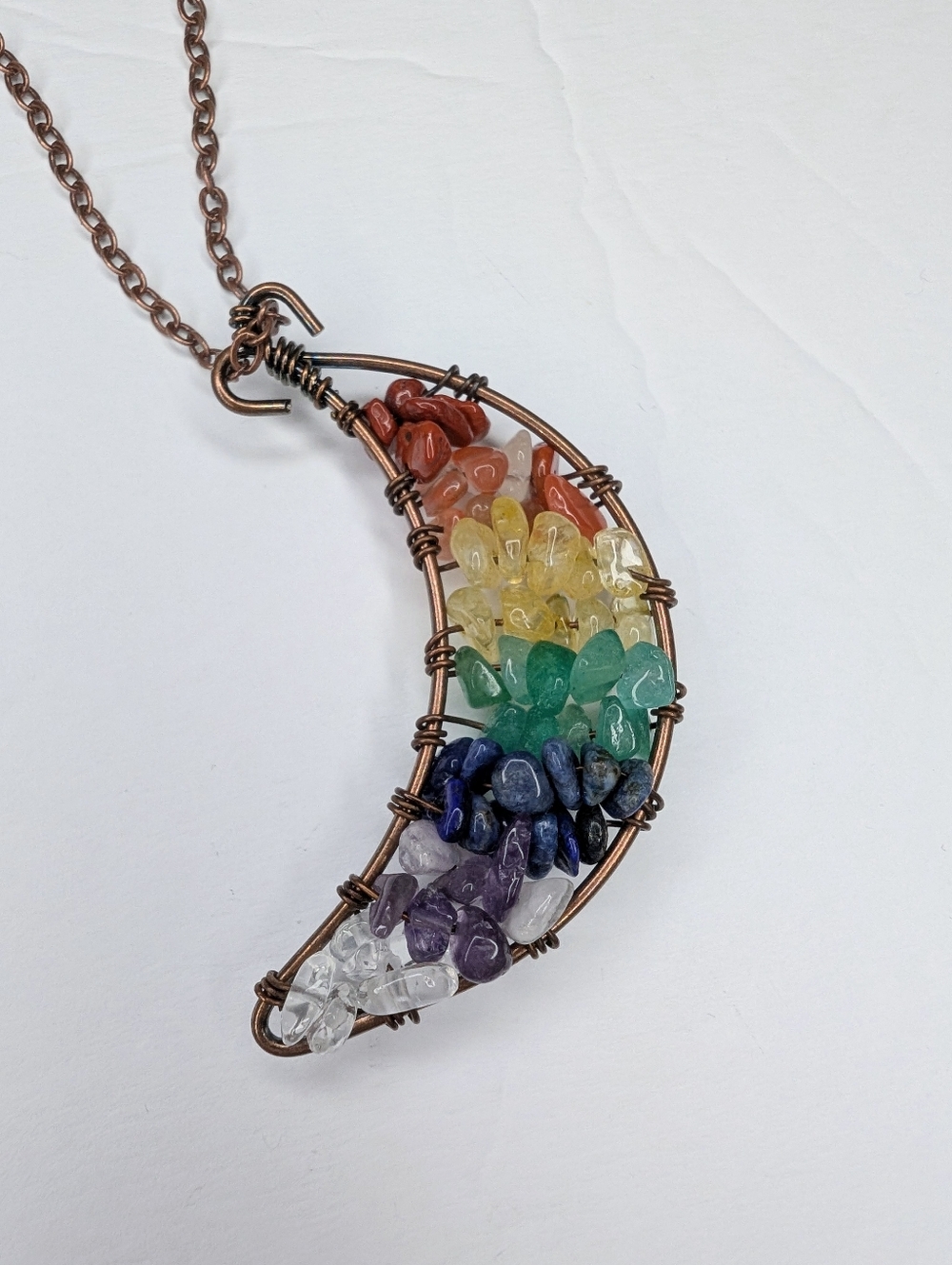 7 Chakra Crescent Moon Wire Wrapped Crystal Necklace Pendant